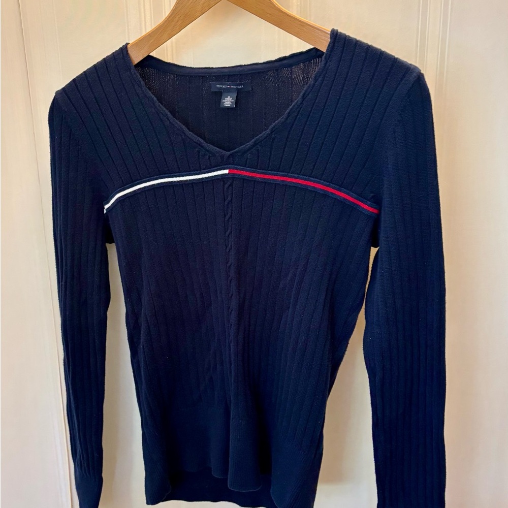 Tommy Hilfiger Dark Blue V-Neck Sweater with Red and White Accents